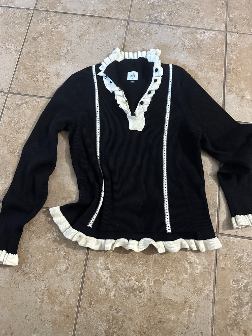 CAbi Black Crewneck Sweater with Cream Ruffle Details